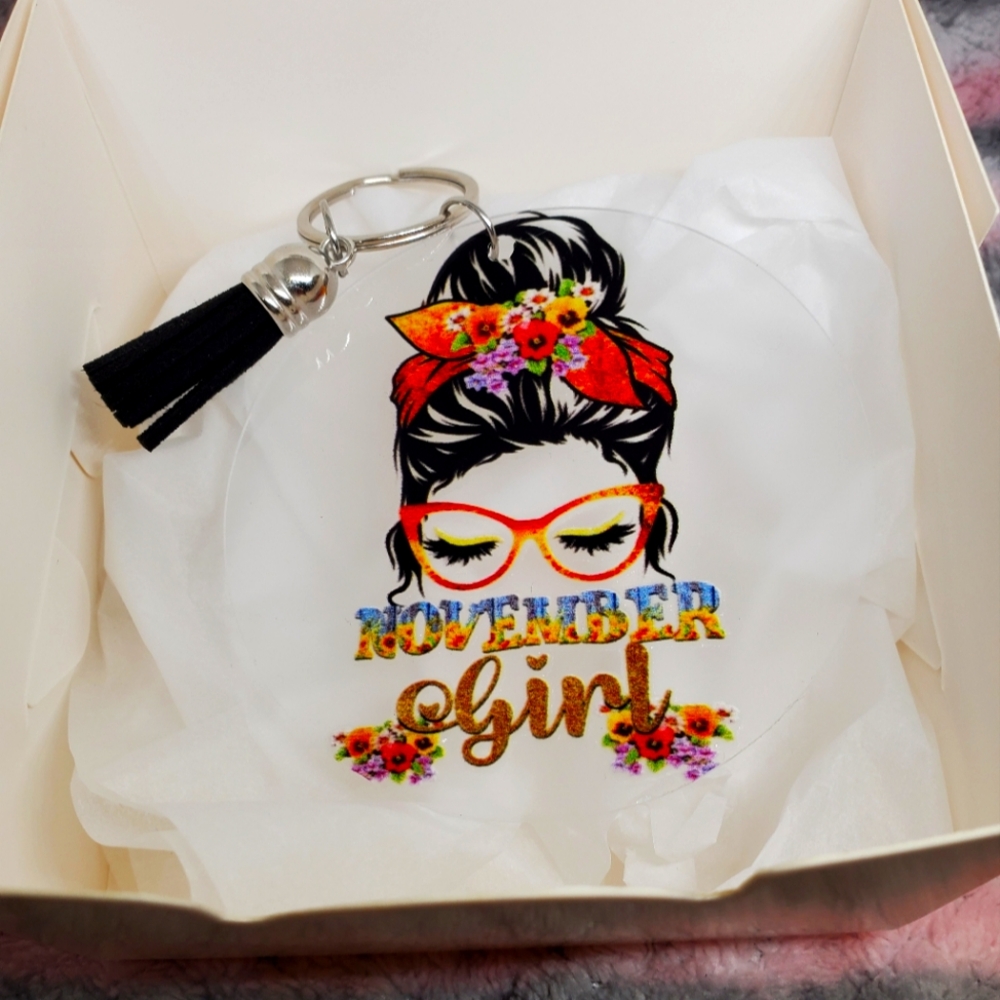 7/$10 November Girl, Acrylic Keychain with Tassel, New